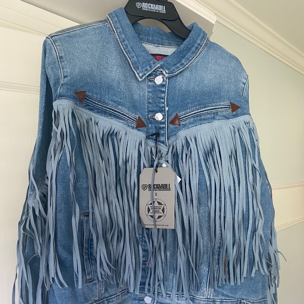 Sheplers Women’s Rock and Roll denim jacket with suede fringe